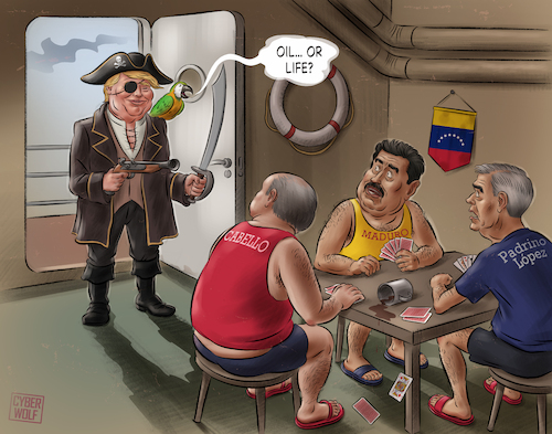 Cartoon: Oil or Life? (medium) by Cyberwolf tagged trump,maduro,venezuela,oil,politics,pirate