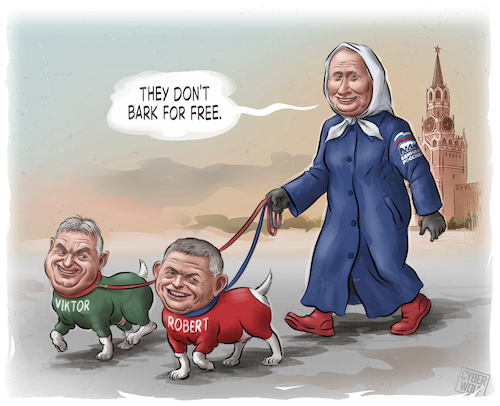 Cartoon: Pampered Guard Dogs (medium) by Cyberwolf tagged putin,orban,fico,kremlin,influence,corruption,procremlin,leaders,slovakia,prime,minister,hungary