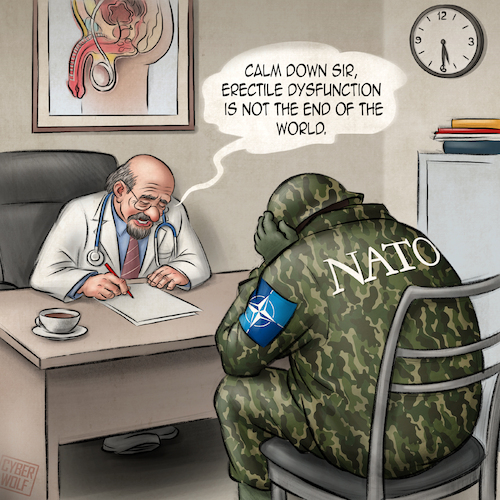 Cartoon: The Impotence of Promises (medium) by Cyberwolf tagged weak,nato,erectile,disfunction,doctor,war