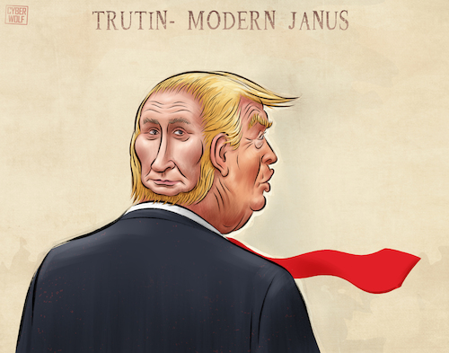 Cartoon: Trutin - Modern Janus (medium) by Cyberwolf tagged trump,putin,war,criminal,usa,russia,moscow,washington,diplomacy,metaphor,janus