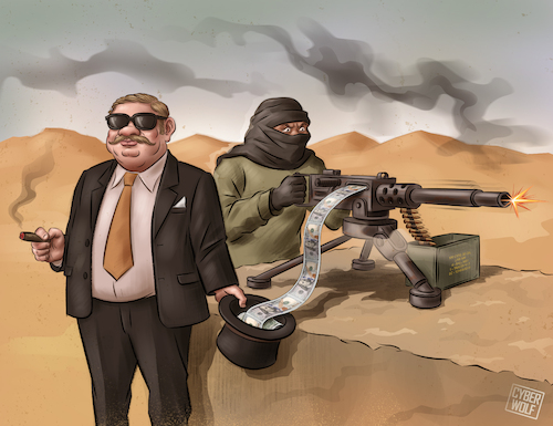Cartoon: Turning Death into Wealth (medium) by Cyberwolf tagged war,profiteering,corruption,money,conflict,greed,arms,trade,militant,businessman