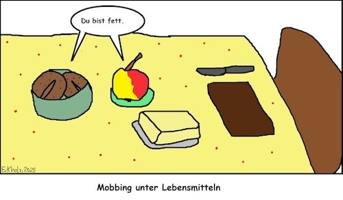 Cartoon: Mobbing unter Lebensmitteln... (medium) by Pummel tagged fett,mobbing,lebensmittel,butter,vollkornbrötchen,apfel,frühstück,kaffee,morgenstund,ernährung