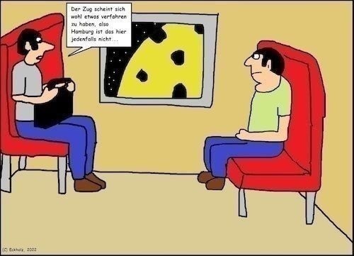 Cartoon: Verfahren.. (medium) by Pummel tagged verfahren,mond,reisen,unterwegs,zugfahrt,männer,universum,bahn