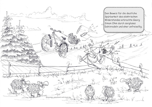 Cartoon: Ohm (medium) by Kay Weber tagged widerstand,elektrizität,physik,wissenschaft,forschung,natur,fahrrad,radeln,radfahren,schafe,entdeckung