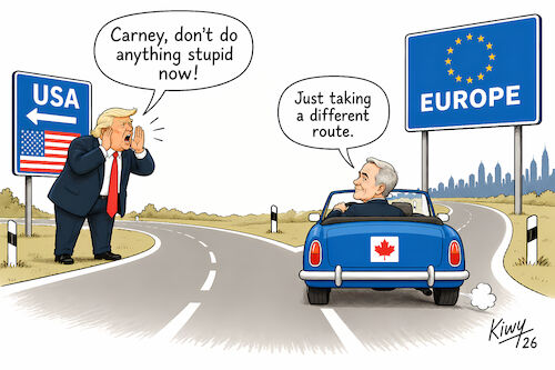Cartoon: A Different Route (medium) by Frank Kiwy tagged canada,european,union,eu,relations,trump,carney,trade,tariffs,usa,canada,european,union,eu,relations,trump,carney,trade,tariffs,usa