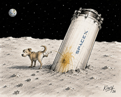 Cartoon: First Contact (medium) by fkiwy tagged spacex,lunar,impact,space,debris,exploration