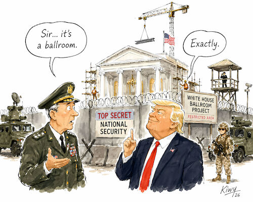Cartoon: National Security (medium) by fkiwy tagged donald,trump,white,house,ballroom,us,politics,national,security,presidential,power,washington,dc