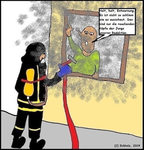 Cartoon: Entwarnung... (medium) by Wurstfresser tagged rauch,qualm,entwarnung,feuerwehrmann,brand,gesellschaft,redaktionsarbeit