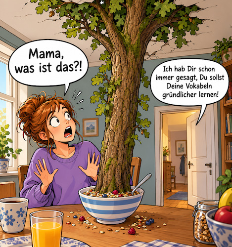 Cartoon: Overnight Oak (medium) by JeanPierre84 tagged overnight,oats,müsli,ernährung,absurd,frühstück,eiche,fitness,wortspiel,englisch,vokabeln