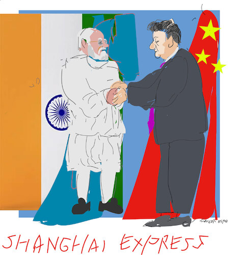 Cartoon: Charm offensive to Modi (medium) by gungor tagged shanghai,zummit,2025,shanghai,zummit,2025