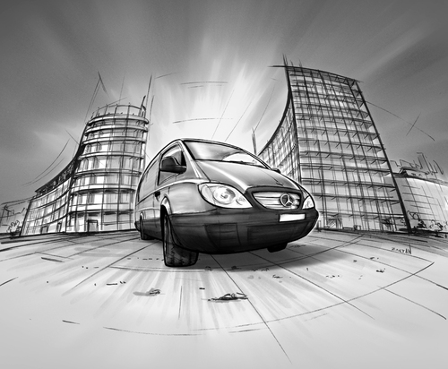 Cartoon: DB Vito (medium) by Zoltan tagged zoltan,rohbau,architektur,brennweite,kurze,weitwinkel,sw,vito,mercedes,benz,daimler,dovath