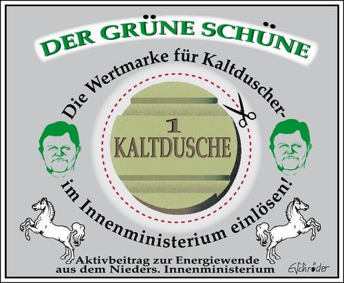 Cartoon: Der grüne Schüne (medium) by ESchröder tagged niedersachsen,cdu,innenminister,schünemann,warmduscher,kaltduscher,harter,hund,bildzeitung,abschiebepolitik,asylpolitik,polizei
