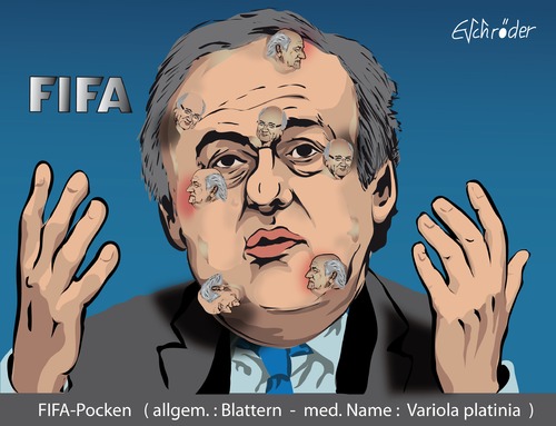 Cartoon: FIFA-Infektion (medium) by ESchröder tagged fußball,fifa,sepp,blatter,michel,platini,uefa,nachfolgekandidat,bewerbung,pocken,blattern,infektion,korruption,vetternwirtschaft