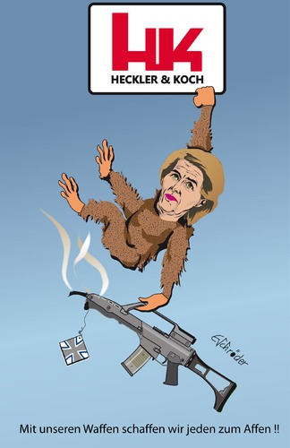 Cartoon: G 36 (medium) by ESchröder tagged bundeswehr,gewehr,g36,verteidigungsministerin,ursula,von,der,leyen,waffenhersteller,heckler,und,koch,treffgenauigkeit,qulitätskontrolle,untersuchungsausschuss,vorschriftenverstoß,prüfsiegel,bundeswehrbeschaffungsamt,karikatur,eschröder