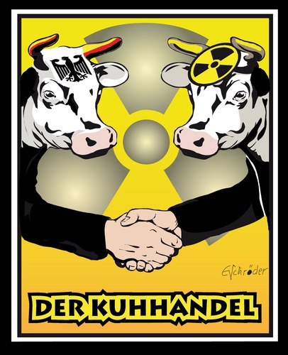 Cartoon: Kuhhandel (medium) by ESchröder tagged kuhhandel,atomdeal,energiewende,atom,laufzeitverlängerungsgesetzatomk,bundesregierung