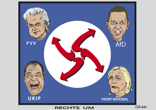 Cartoon: Rechts um !! (medium) by ESchröder tagged rechtspopulisten,europa,deutschland,niederlande,groß,britannien,frankreich,lucke,afd,le,pen,front,national,wilders,pvv,farage,ukip,europaparlament,nationalisten,extremisten,europawahl,parteienlandschaft,parteien