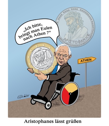 Cartoon: Schäuble klassisch (medium) by ESchröder tagged tsipras,grexit,tragen,athen,nach,eulen,zitat,aristoteles,kredite,sparkurs,rückzahlung,schuldenerlass,euro,griechenland,schäuble,deutschland,finanzminister