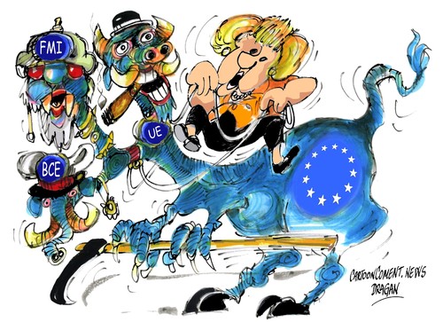 Cartoon: Angela Merkel-troica (medium) by Dragan tagged angela,merkel,grecia,alemania,union,europea,ue,fondo,monetario,internacional,fmi,banco,central,europeo,bce,politics,cartoon