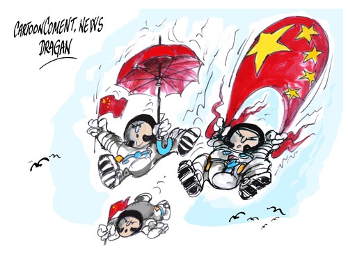Cartoon: astronautas chinos (medium) by Dragan tagged china,astronautas,chinos,tiangong,shenzhou,ix,pekin,liu,yang,estacion,espacial,cartoon