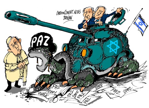 Cartoon: Francisco-Peres-Netanyahu-Paz (medium) by Dragan tagged el,papa,francisco,shimon,peres,benjamin,netanyahu,izrael,palestina,paz,polit6ics,cartoon