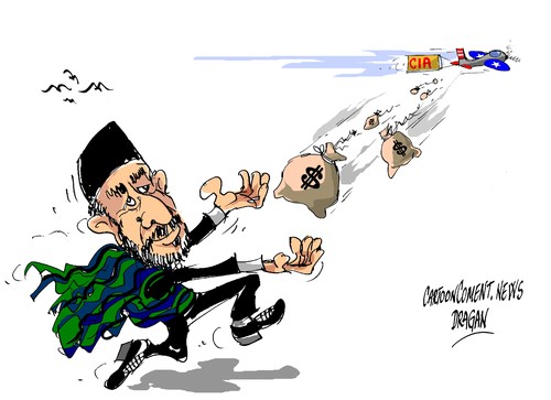 Cartoon: Hamid Karsai-los sacos de CIA (medium) by Dragan tagged hamid,karsai,cia,afganistan,estados,unidos,de,america,eeuu,sad,politics,cartoon