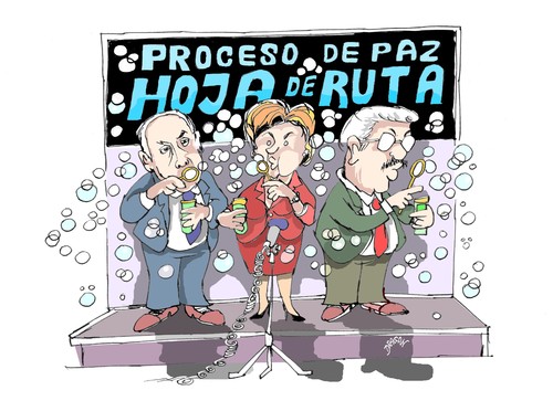 Cartoon: Hoja de Ruta (medium) by Dragan tagged hillary,clinton,benjamin,netanyahu,abu,mazen,israel,palestina,politics