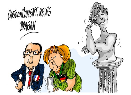 Cartoon: Hollande- Merkel-Afrodita (medium) by Dragan tagged francois,hollande,angela,merkel,afrodita,francia,alemania,grecia,politics,cartoon