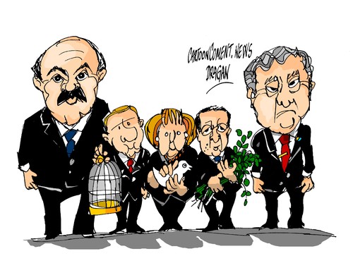 Cartoon: Minsk-cuestiones principales (medium) by Dragan tagged minsk,ucrania,rusia,alemania,francia,aleksandr,lukashenko,politics,cartoon