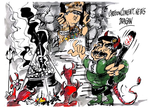 Cartoon: Norman Schwarzkopf-1934-2012 (medium) by Dragan tagged cartoon,politics,golfo,gerra,desierto,del,tormenta,irak,bush,george,schwarzkopf,norman