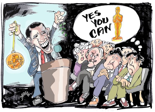 Cartoon: Obama -Nobel (medium) by Dragan tagged obama,nobel,politics,oscar,premio