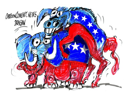 Cartoon: Republicanos-Democratas (medium) by Dragan tagged republicanos,democratas,eeuu,barack,obama,mitt,romney,debate,elecciones,politics,cartoon
