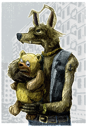 Cartoon: teddynapping (medium) by jenapaul tagged teddybear,wolf,coyote,animals