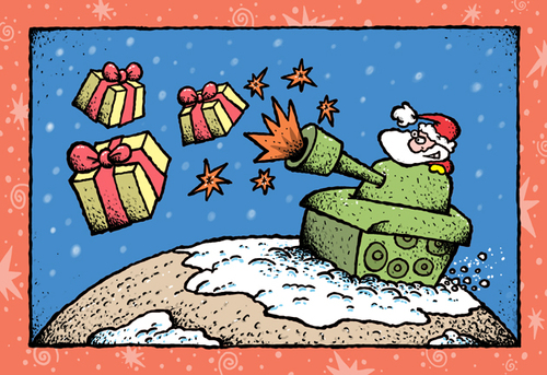 Cartoon: Santa in tank (medium) by svitalsky tagged santa,claus,gift,present,christmas,xmas,noel,war,cartoon,svitalsky,svitalskybros