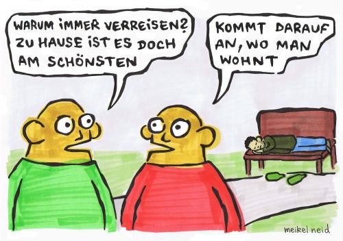 Cartoon: verreisen (medium) by meikel neid tagged urlaub,verreisen,zu,hause,armut,parkbank