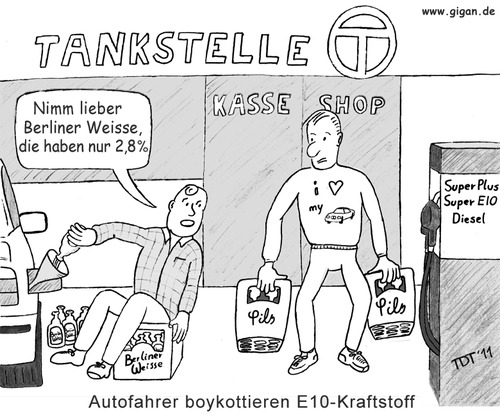 Cartoon: Bier statt E10 (medium) by TDT tagged tankstelle,super,satire,politik,ethanol,e10,biosprit,bier,autofahrer,auto,alkoholgehalt