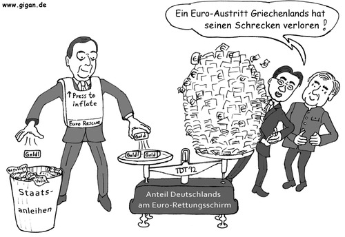 Cartoon: Eurokrise verliert Schrecken (medium) by TDT tagged schulden,euro,krise,ezb,draghi,rösler,seehofer,staatsanleihen,inflation,deutschland,eu,europa,rettungsschirm,esm,efs,fdp,griechenland,austritt,eurozone