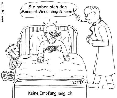 Cartoon: Keine Impfung möglich (medium) by TDT tagged krankenkassen,grippe,impfung,influenza,paffrath,novartis,monopol,pharma,krankheit,impfstoff