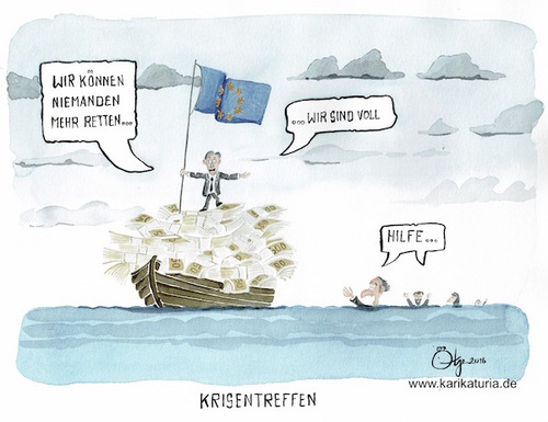 Cartoon: Krisentreffen (medium) by Bernd Ötjen tagged manager,prozent,null,geldmenge,draghi,mario,eu,europa,retten,boot,bundesbank,ezb,finanzen,geld,banken,papers,panama,syrien,treffen,flüchtlingskrise,finanzkrise,krisentreffen