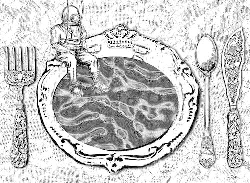 Cartoon: Tableware (medium) by zu tagged tablevare,fishknife,diver,soup
