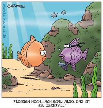 Cartoon: schuppengauner (medium) by pentrick tagged tank,ocean,ozean,meer,cartoon,bökesch,gerd,animals,tiere,holdup,pistole,ganove,überfall,fish,fisch,comics,tankcomics