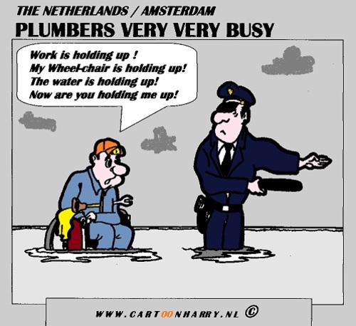 Cartoon: A Busy Plumber (medium) by cartoonharry tagged plumber,wheelchair,police,water,sos,busy,cartoon,cartoonharry,cartoonist,dutch,holland,toonpool