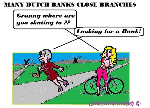 Cartoon: Closed Dutch Bank Branches (medium) by cartoonharry tagged holland,banks,branches,elderly,closed,skating,granny