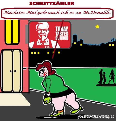 Cartoon: Der Schrittzähler (medium) by cartoonharry tagged schrittzähler,kfc,mcdonalds,besuche