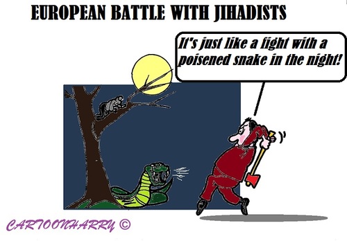 Cartoon: European Jihadists (medium) by cartoonharry tagged europe,jihad,jihadists,battle