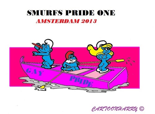 Cartoon: Gay Pride Amsterdam (medium) by cartoonharry tagged gay,canal,parade,pride,amsterdam,holland,smurfs,toonpool