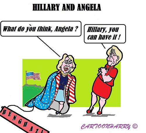 Cartoon: Hillary and Angela (medium) by cartoonharry tagged usa,president,benghazi,clinton,merkel