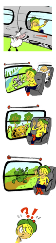 Cartoon: on the road (medium) by Dekeyser tagged fanzine,zebra,lola,rabbit,dinozaurus,cow,sheep