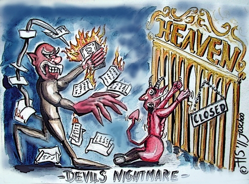 Cartoon: Devils Nightmare (medium) by joschoo tagged quran,buring,jones,terry,nightmare,devil