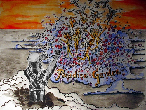 Cartoon: No Paradise for Terrorists (medium) by joschoo tagged suicide,bomber,terrorist,paradise,garden,angel