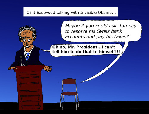 Cartoon: Clint Eastwood talks with chair (medium) by Pascal Kirchmair tagged paul,gop,national,florida,tampa,ryan,romney,mitt,rnc,barack,president,mr,stuhl,chair,invisible,obama,to,talks,eastwood,clint,convention,republican